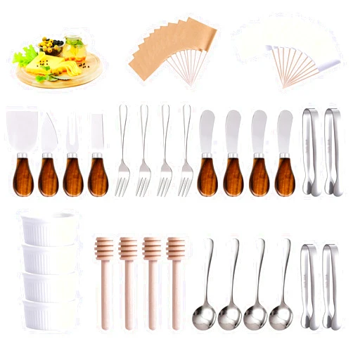 GUZE-US Charcuterie Boards Accessories(29 PCS) Cheese Spreaders for Charcuterie Board Mini Serving Spoon Fork Tongs Blank Toothpick Flags Bowl