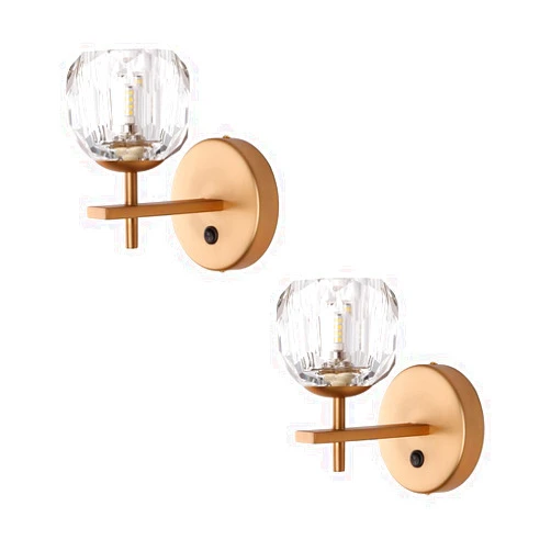 MASIVEL Wall Sconces, Wall Lights Set of 2 Modern Crystal Wall Sconce with On/Off Switch for Bedroom, Bathroom, Living Room, Hallway (Matte Brass)