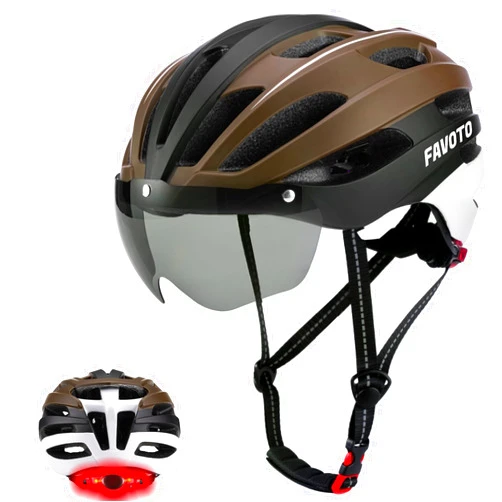 Favoto Bike Helmet with Light and Magnetic Goggles - USB Rechargeable Taillight -Mountain and Road Cycling Helmets for Men and Women