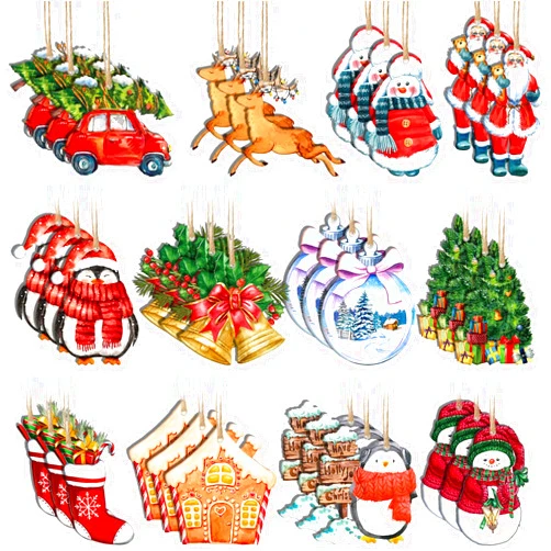 Woanger 36 Pcs Christmas Tree Ornaments Vintage Christmas Decorations Reindeer Red Truck Snowman Santa Claus Ornaments for Christmas Tree Wooden Christmas Ornaments Hanging Wood Slices for DIY Craft Xmas Tree