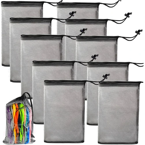 GXXMEI 10PCS 8X12inch Nylon Mesh Drawstring Bags with Cord Lock Closure Delicates Laundry Bag For Washing Machine Small Gym Bag for Basketball, Volleyball, Football, Golf Stuff Balls