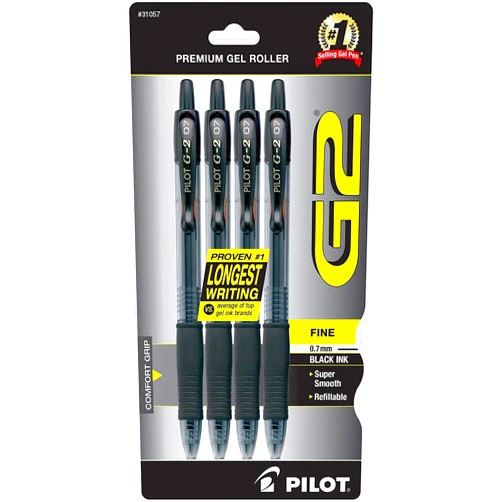 Pilot G2 Premium Gel Roller Pens 0.7, Fine Point Smooth Writing Pens Black, Pack of 4