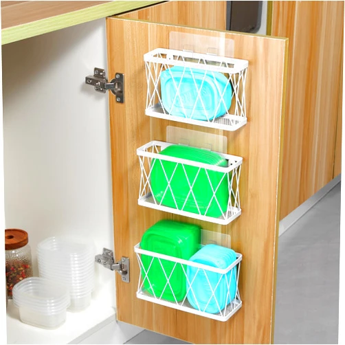YIGII 3 Pack Adhesive Cabinet Door Organizer - Lid Storage Organizer for Tupperware, Wall Mounted Pantry Door Organizer Kitchen RV Storage Wall Under Sink Basket Slim Space, White Stainless Steel