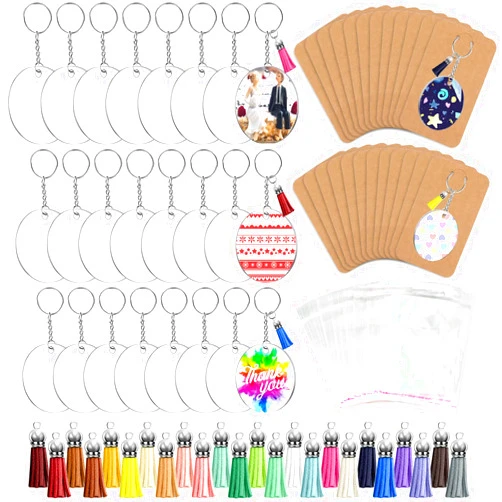 ZOCONE 144 PCS 2 INCH Acrylic Keychain Blanks Set, Clear Circle Acrylic Blank Bulk with Keychain Ring, Display Card, Packing Bag, Jump Rings, Tassels for Vinyl DIY Keychain Earring and Craft Project