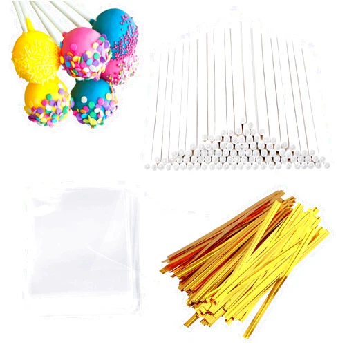 AENTGIU 300 PCS Cake Pop Sticks and Wrappers Kit, Including 100ct 6-inch Paper Lollipop Sticks, 100ct Clear Candy Treat Bags Parcel, 100ct Gold Twist Ties for Cakepop, Lollipop, Hard Candy, Suckers, Chocolate
