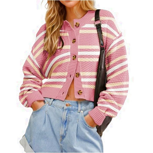 Jiazery QZ Women's Cute Striped Cardigan Sweater Open Front Button Down Knit Coat Clean Girl Cothes