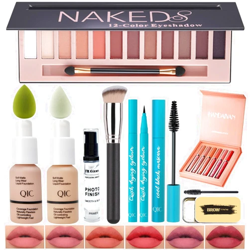 Arindar All In One Makeup Kit Full Kit,12 Colors Eyeshadow Palette,6Colors Lipstick Set,2 Full Coverage Foundation, Primer, Eyebrow Soap,Waterproof Eyeliner and Mascara (102 Nude+104 Buff Beige+Matte Shadow)