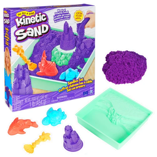Kinetic Sand Sandbox Set, 1lb Purple Play Sand, Sandbox Storage, 4 Molds and Tools, Sensory Toys, Christmas Gifts for Kids Ages 3+