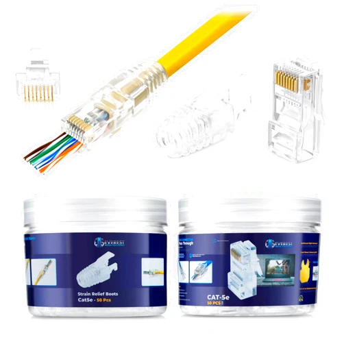 Everest Media Solutions RJ45 Cat5e Pass Through Connectors and Strain Relief Boots - Pack of 50/50 | EZ to Crimp Modular Plug for Solid or Stranded UTP Network Cable