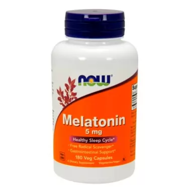 NOW Supplements, Melatonin 5 mg, Free Radical Scavenger*, Healthy Sleep Cycle*, 180 Veg Capsules 180 Count (Pack of 1)