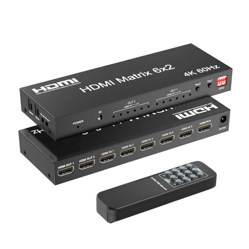 LUKFOCAB 6x2 HDMI 2.0 Matrix Switch Splitter, 6 in 2 Out HDMI Matrix Switcher Selector Supports 4K@60Hz 18Gbps UHD HDR HDCP 2.2, with Remote Control & Optical SPDIF 3.5mm Audio Extractor, EDID Management