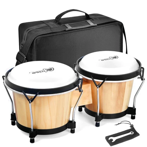 lotmusic Bongo Drums 6” and 7”, Wooden Percussion Instrument Bongos for Kids Adults Beginners,Hand Drum with Carry Bag and Tuning Wrench for Education and Practice