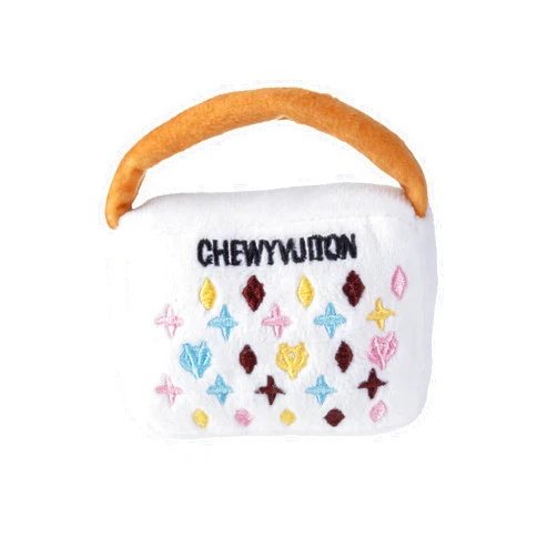 Haute Diggity Dog Chewy Vuiton White Purse, Plush Designer Dog Toys with Interactive Squeaker, Stimulating Pet Enrichment, Machine-Washable & Safe Materials for All Breeds, Size Small
