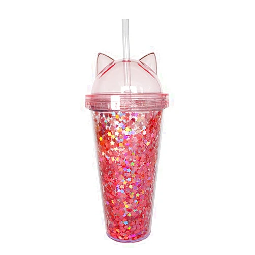 Jorzer Plastic Cups 500ml Water Cup with Lids and Straws Double Layer Glitter Drinking Bottle with Cat Ears Drink Cups for Girls Students Style2, Shochu Cups