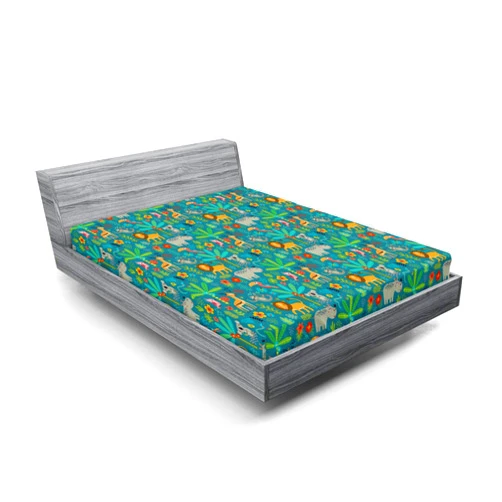 Ambesonne Jungle Fitted Sheet, Animals Hippo Parrot Koala and Deer Savannah Theme Tropical Plants and Flowers, Bed Cover with All-Round Elastic Deep Pocket for Comfort, Queen Size, Forest Green