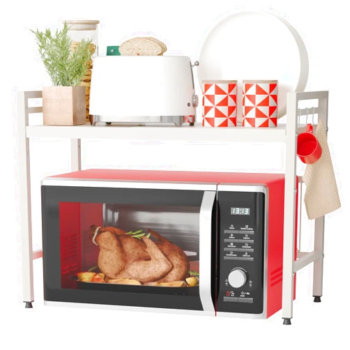NETEL Expandable Microwave Stand,2 Tier Metal Kitchen Countertop Organizer Shelves with 8 Hooks,Bakers Rack,Microwave Shelf,Microwave Oven Rack,55lbs Weight Capacity