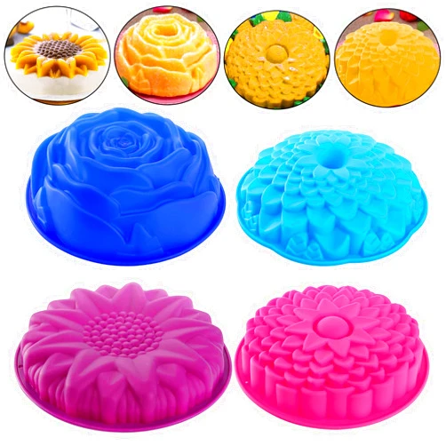 DEAYOU 4 Pack Flower Silicone Cake Molds, Pie Flan Tart Baking Pan, Silicone Baking Tray for Brownie, DIY, Anniversary, Birthday