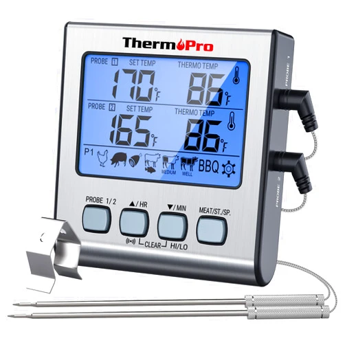 ThermoPro TP17 Dual Probe Digital Cooking Meat Thermometer Large LCD Backlight Food Grill Thermometer with Timer Mode for Smoker Kitchen Oven BBQ, Silver