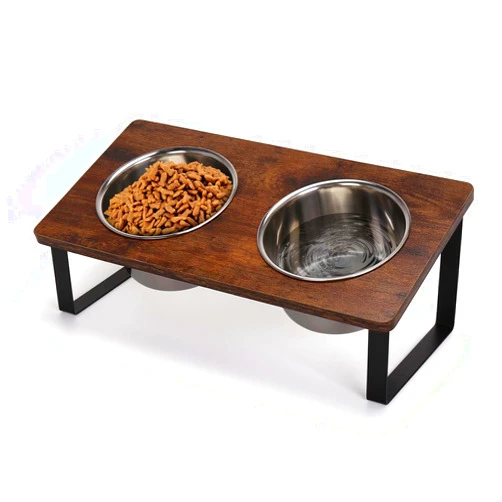Yummy Sam Elevated Deep Stainless Steel Dog Food and Water Bowl Set, Raised Pet Bowls with 15° Tilted Wood Stand, Double Food Feeding Dishes for Medium Dogs and Large Cats