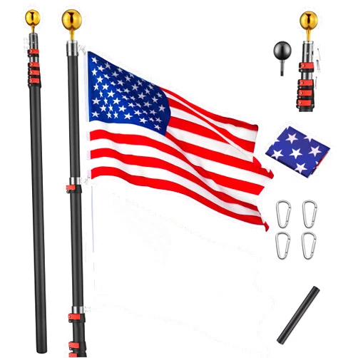 Yeshom Yescom 20Ft Black Telescopic Aluminum Flag Pole Free 3'x5' US Flag & Ball Top Kit 16 Gauge Telescoping Flagpole Fly 2 Flags for Yard Outdoor Garden