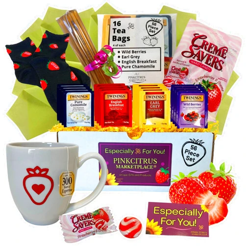 PINKCITRUS MARKETPLACE Tea and Honey Gift Set Sampler Basket Care Package Get Well Soon For Women Mom Best Friend Birthday Ideas After Surgery Thinking Of You Strawberry Themed Box