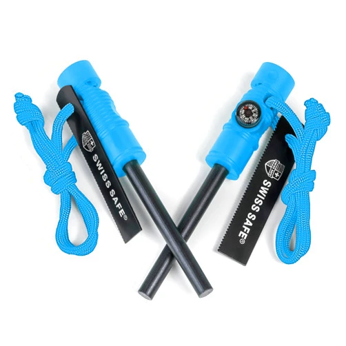 Swiss Safe 5-in-1 Magnesium Ferro Rod Fire Starter Survival Tool - Flint & Steel Striker, Compass, Paracord & Whistle - Emergency Kit for Backpacking, Camping, Hiking - All-Weather
