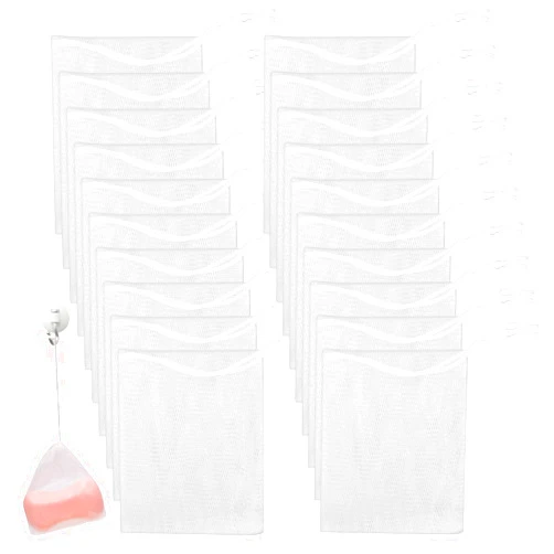 Mozeat Lens 20 PCS Exfoliating Mesh Soap Saver Pouch Bag Mesh Soap Bag Soap Handmade Soap Bubble Mesh Net Bags with Drawstring Mesh Foaming Net Soap Sack Bags for Bath & Shower