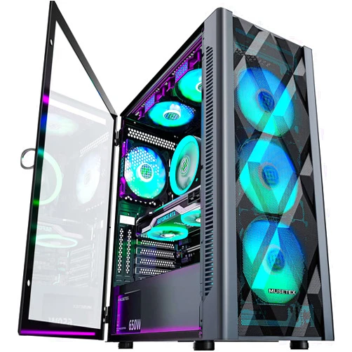 MUSETEX ATX PC Case Pre-Install 6 PWM ARGB Fans, Polygonal Mesh Computer Gaming Case, Opening Tempered Glass Side Panel Mid-Tower Case, USB 3.0 x 2, Black, NN8