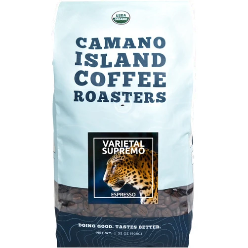 Camano Island Coffee Roasters Varietal Supremo Espresso Blend, Ground 2lb, Fresh Dark Roast, USDA Organic, Fairly Traded, Shade Grown Arabica, Chocolate, Caramel, Hint of Spice Flavor Profile