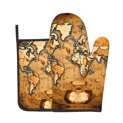 MDATT Oven Mitts Set,Multi-Function Heat Resistant Kitchen Pot Holders for Kitchen Or Baking (2pcs),Old Stained World Map Print