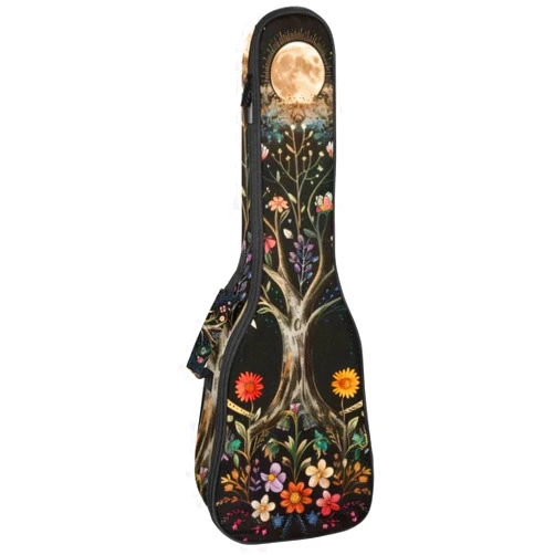 Niaocpwy Aesthetic Moon Phase Tree of Life Flowers Colorful Butterflies Concert Ukulele Case, Thick Padded Ukulele Backpack with Adjustable Straps