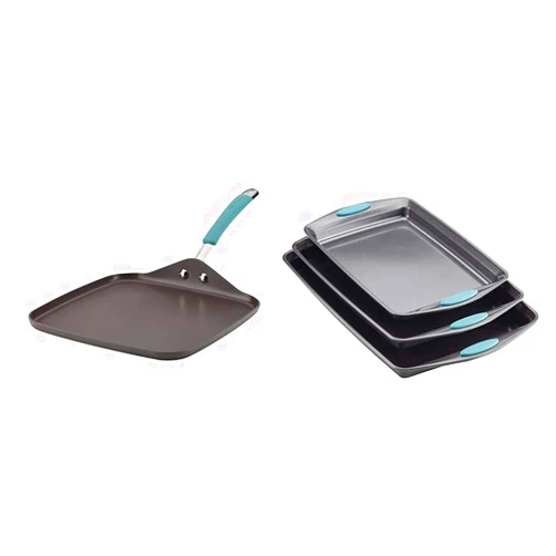Rachael Ray Cucina Hard Anodized Nonstick Griddle Pan/Flat Grill, 11 Inch, Gray with Agave Blue Handle Bakeware Nonstick Cookie Pan Set, 3-Piece, Gray with Agave Blue Grips