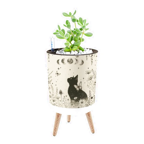 ODGNTEIVG Planter with Stand Mystical Black Cat Gazing Crescent Moon Flowers Butterflies 8.6