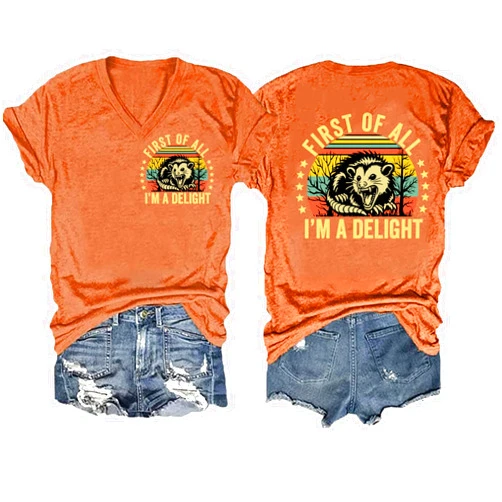 Generic Funny First of All I m A Delight Tshirt Shirts for Women Funny Cute Possum Graphic Vneck Tshirts