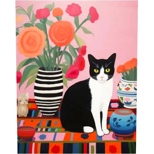 Tucocoo Serious Black and White Cat on Colorful Rug DIY Paint by Numbers for Adults Bright Flower DIY Oil Painting Acrylic Art Decorative Painting Kit Canvas with Acrylic Paints 16x20 Inch（without Frame ）