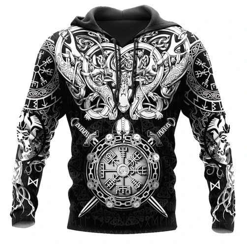 ZORQ Viking Compass Hoodie Celtic Dragon Sweatshirt Pullover, Norse Mythology Full Zip Casual Jacket, Personality Streetwear