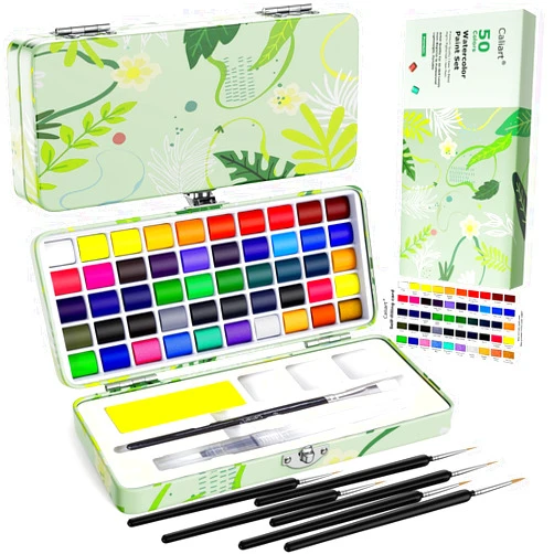 Caliart 50 Colors Washable Watercolor Paint Set with 6 Brushes, Portable Travel Water Color Kit with Carrying Case, Palette and Accessories, Non-Toxic Art Supplies Gift for Artists Adult Teen Kids Girls Boys