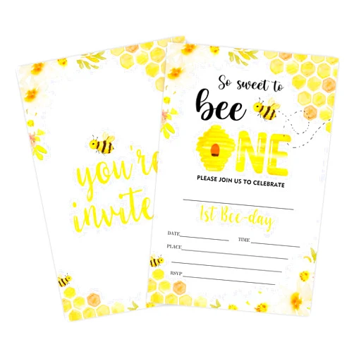 GREOXG Sweet To Bee One! First Birthday Party Invitation, 20 Count with Envelopes, Fill In Style, 4 x 6 Inches, Multicolor