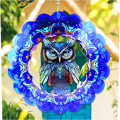 DOSMINE Wind Spinners Outdoor Yard Decor Kinetic Art Garden Decorations 12'' 3D Hanging Owl Wind Spinner, Stainless Steel Reflective
