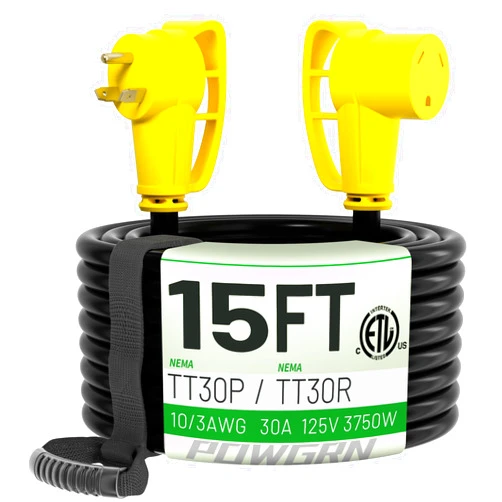 POWGRN 30 Amp RV Extension Cord 15 FT Outdoor with Grip Handle, Flexible Heavy Duty 10/3 Gauge STW 3 Prong RV Power Cord Waterproof with Cord Organizer, NEMA TT-30P to TT-30R, Black-Yellow, ETL Listed