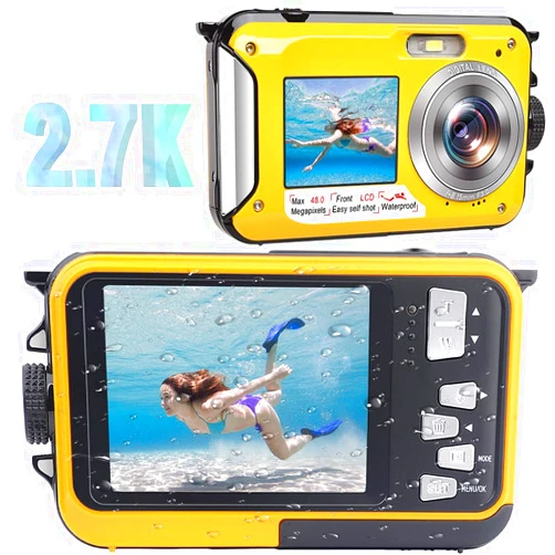 SHIMSHON Waterproof Camera Waterproof Digital Camera 48MP Image 2.7K Video Underwater Camera for Snorkeling Dual Screen 16X Digital Zoom Flashlight 10 Feet Waterproof (Yellow)