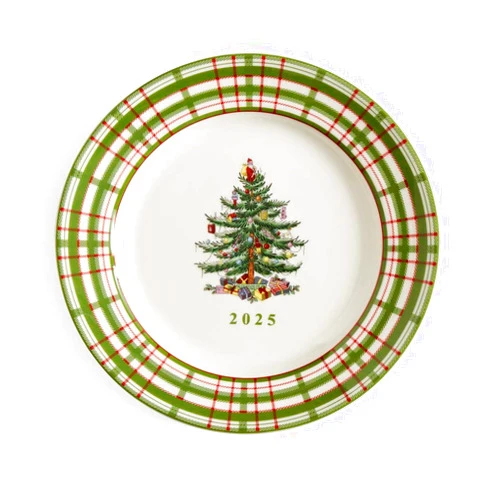 Spode Annual 2025 Collector Plate - Red & Green Plaid Border, Holiday Accent for Appetizers, Desserts & Display - 8 Inch Porcelain Plate, Microwave, Oven, Dishwasher & Freezer Safe