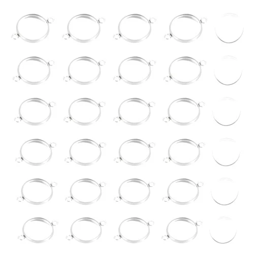 PH PandaHall 100pcs 12mm Stainless Steel Round Connectors Charm Cabochon Trays Bezel Pendant Trays with Clear Glass Cabochons Connectors Links for Jewelry Making 19.5x14x2mm Hole 2mm