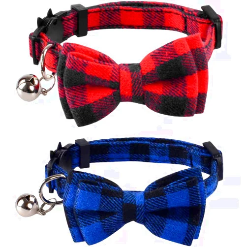 Lamphyface 2 Pack/Set Cat Collar Breakaway with Cute Bow Tie and Bell for Kitty Adjustable Safety Plaid, Red&Blue