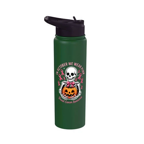 Breast Cancer Awareness Pink Ribbon Gifts In October We Wear Pink Breast Cancer Halloween Stainless Steel Insulated Water Bottle