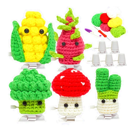 GerlWorld Crochet Kit for Beginners, 5PCS Crochet Walking Vegetables Kit with Step-by-Step Video Tutorials, Knitting Starter Pack for Adults and Kid, DIY Knitting Kit for Beginners (40%+ Yarn)
