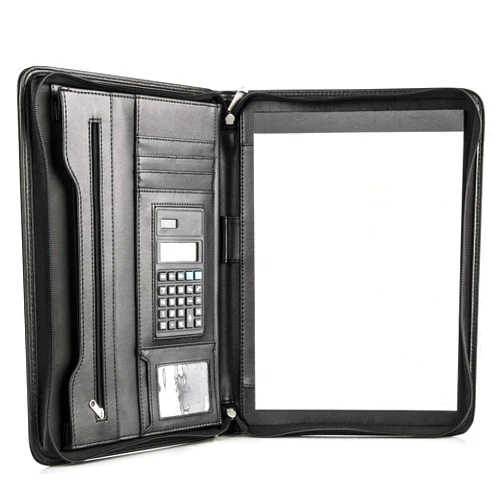 COSSINI Black Superior Vegan Leather Business Portfolio with Zipper – Padfolio All-in-One. Smartest Protective 10.1 Inch Tablet Sleeve, Presentation Slot, Solar Calculator, Card Storage, Writing Pad