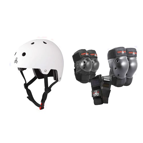 Triple Eight Dual Certified Bike and Skateboard Helmet (White Matte, Small/Medium) + Triple Eight Saver Series Pad Set (Black)