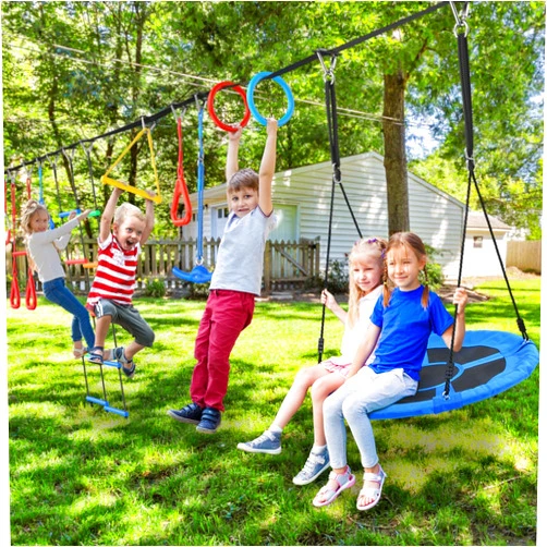 Hapfan 65ft Ninja Warrior Obstacle Course for Kids with Swing, Ninja Rope Course with 11 Obstacles for Backyard Outside, Tree Slackline Jungle Gym Outdoor