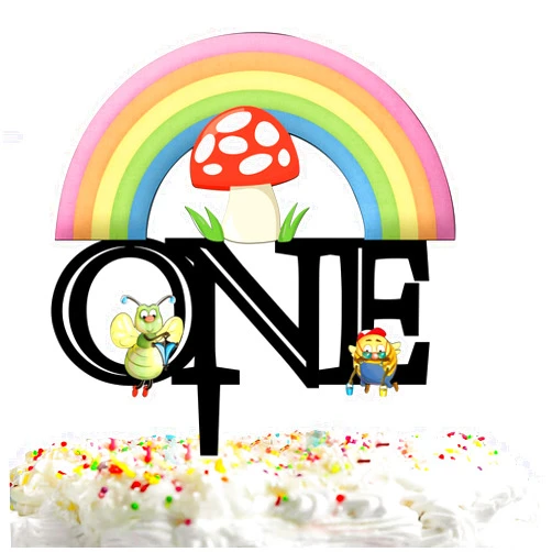Xoxwolyw Cartoon One Cake Topper Number 1 Cake Topper First Birthday Bee Cake Topper with Rainbow mushroom Honey One Cake Topper for Gender Reveal Baby Shower Party Supplies